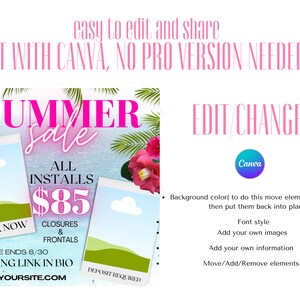 Pu&ograve; includere: Una grafica di vendita estiva rosa e verde con testo che dice "Summer Sale" e "All Installs $85". La grafica include anche il testo "Book Now", "Sale Ends 6/30", "Booking Link in Bio", e "www.yoursite.com".