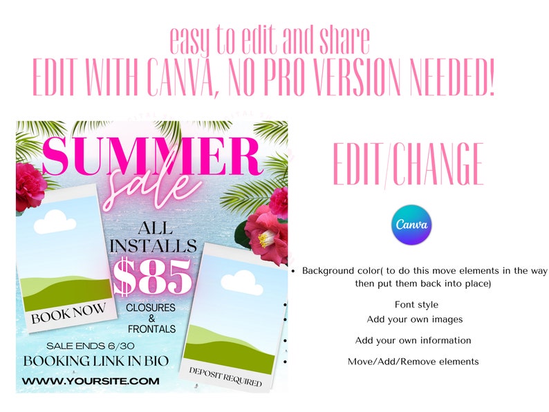 Pu&ograve; includere: Una grafica di vendita estiva rosa e verde con testo che dice "Summer Sale" e "All Installs $85". La grafica include anche il testo "Book Now", "Sale Ends 6/30", "Booking Link in Bio", e "www.yoursite.com".