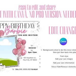 May include: A pink and silver birthday invitation for a Barbie themed party. The invitation features a picture frame with a cloud, balloons, and the text "Happy Birthday Barbie You Are Invited!"  The date and time of the party are listed as "04/22/23 5pm-12am". The address is "123 Anywhere st., Any City, ST 12345". The phone number for RSVP is "TEX: 777-7777-777".