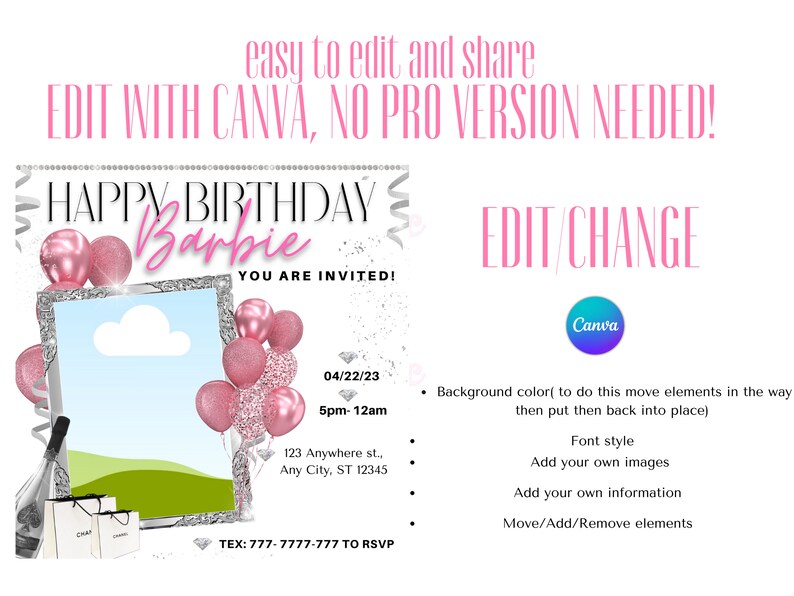 May include: A pink and silver birthday invitation for a Barbie themed party. The invitation features a picture frame with a cloud, balloons, and the text "Happy Birthday Barbie You Are Invited!"  The date and time of the party are listed as "04/22/23 5pm-12am". The address is "123 Anywhere st., Any City, ST 12345". The phone number for RSVP is "TEX: 777-7777-777".