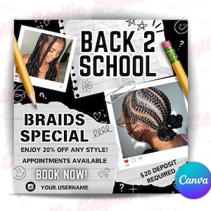 Back 2 School Hair Flyer, Back 2 School Booking, Nailtech Flyer, Back to School Sale Flyer, braid special sale flyer, wig install flyer