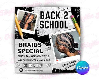 Back 2 School Hair Flyer, Back 2 School Booking, Nailtech Flyer, Back to School Sale Flyer, braid special sale flyer, wig install flyer