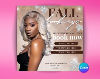 Fall Hair Booking Flyer: Lash, Wig Install, Nail Appointments (Editable Canva Template)