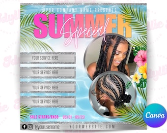 Summer sale flyer, summer hair sale flyer, June bookings flyer, lash, braids, nails, make up, canva editable template, June special flyer