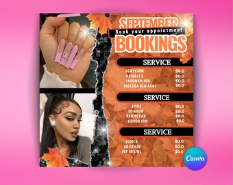 Fall Hair Lash Makeup Nail Appointments Flyer: September Bookings (Canva Template)