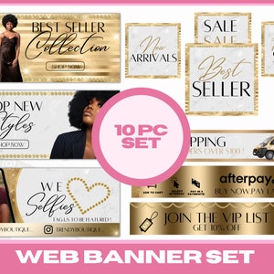 Boutique web banner set, Shopify banner templates, Pre-made website design, Fashion web banners, Canva templates, Gold boutique banners