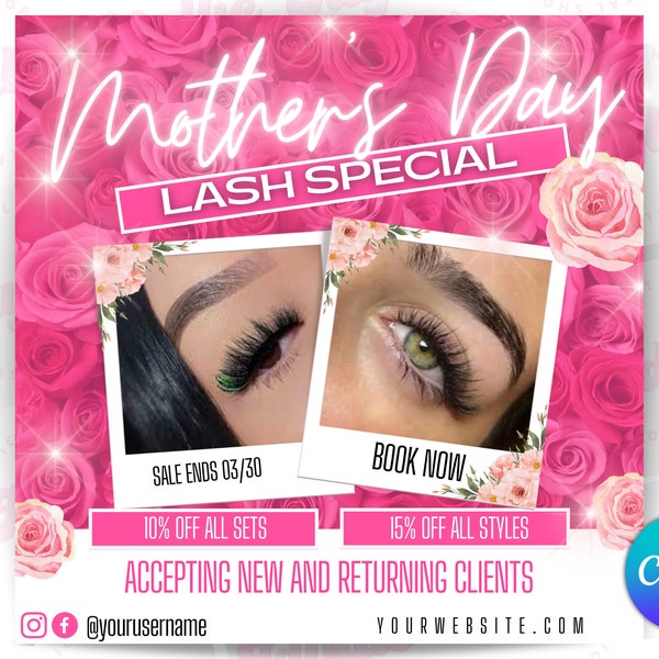 Mother’s Day lash flyer, May Booking flyer, canva editable template, lash sale flyer, hair flyer, make up flyer, bookings available flyer