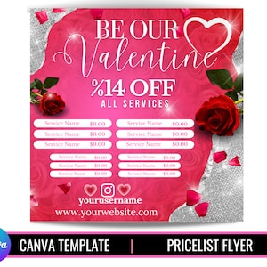 Valentine’s Day price list template | Valentine’s sale flyer |  price list canva template | hair flyer | wig flyer