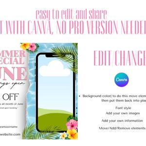 May include: A summer special promotion graphic with a pink and white color scheme. The graphic features a phone with a blue and green background, a cloud, and palm trees. The text reads "Summer Special June bookings open 10% off on all services all month of June. *Deposit required upon booking*" and includes a website address and Instagram username.