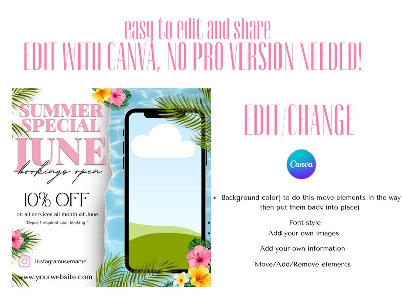 May include: A summer special promotion graphic with a pink and white color scheme. The graphic features a phone with a blue and green background, a cloud, and palm trees. The text reads "Summer Special June bookings open 10% off on all services all month of June. *Deposit required upon booking*" and includes a website address and Instagram username.