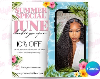 June booking flyer, lash special flyer, summer sale flyer, canva template, hairstylist flyer