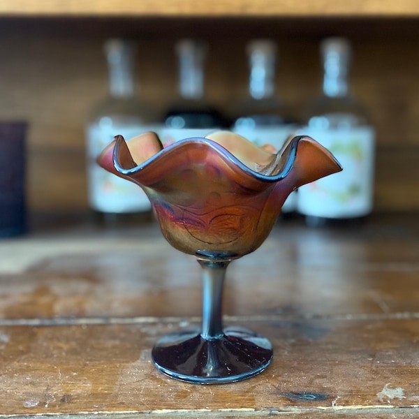 Gorgeous Orange Carnival Glass Ruffle Compote dish