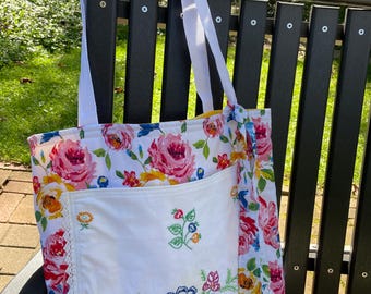 Handmade Market Tote Bag with Repurposed Vintage Embroidery