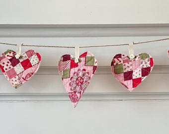 Quilted Heart Mantel Garland Bunting:  Shabby Chic, Farmhouse, Grannycore
