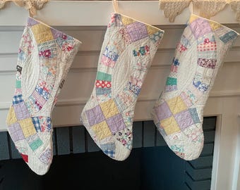 Vintage Quilt Christmas Stocking: Shabby Chic Patchwork, Double Wedding Ring, Feedsack