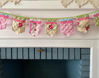 Quilted Floral Pennant Banner: Up-cycled,  Summer Decor Mantel Garland