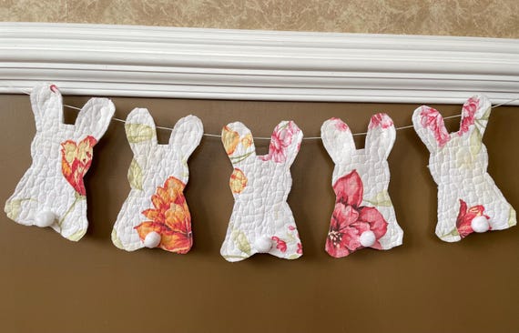 Quilted Bunny Mantel Garland Bunting for Easter, Shabby Chic, Farmhouse, Grannycore