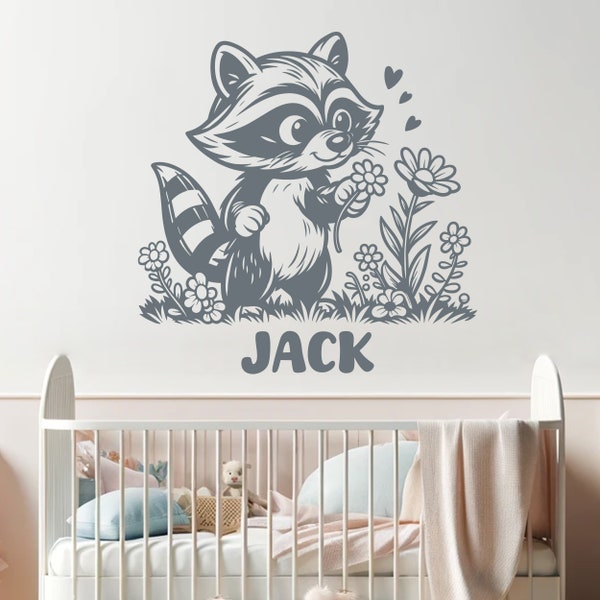 Raccoon Wall Decal with Kids Name Baby Room Wall Decals Name Personalized Name Wall Decal Name Stickers for Wall Decor Racoon Stickers