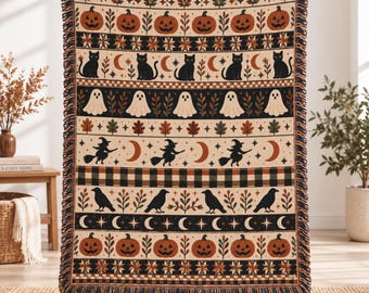 Custom Halloween Blanket, Personalized Woven Cotton Throw, Fall Home Decor, Spooky Autumn Blanket