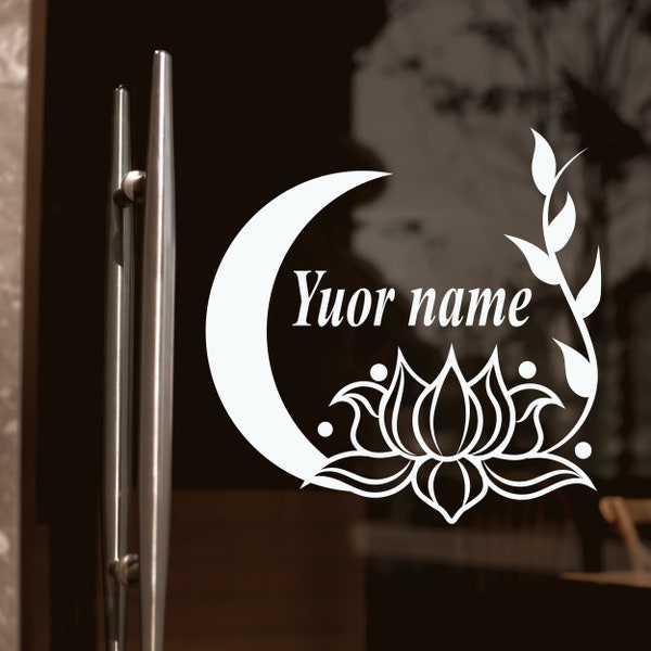 Amazing Custom Name Yoga Decals with Moon Lotus Flower and Leaves - Custom Vinyl Lettering for Wall with Yoga Studio Name - Personalized