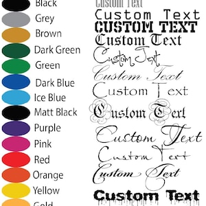 May include: A chart showing different font styles and colors for customizing text. The font styles include "Custom Text", "CUSTOM TEXT", "Custom Text", "Custom Text", "Custom Text", "Custom Text", "Custom Text", "Custom Text", "Custom Text", "Custom Text", "Custom Text", "CUSTOM TEXT", and "Custom Text". The colors include white, black, grey, brown, dark green, green, dark blue, ice blue, matt black, purple, pink, red, orange, yellow, gold, metallic silver, and metallic gold.