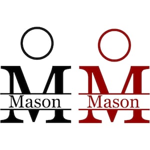 May include: Two versions of a monogram design, one in black and the other in burgundy. Each features the letter "M" with the name "Mason" below, and a circle above. The design is suitable for personalized gifts.
