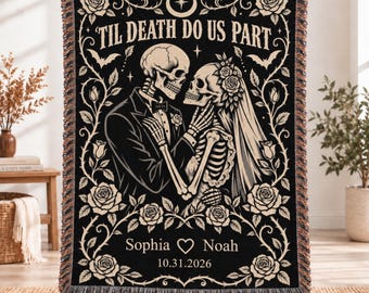 Custom Halloween Blankets, Romantic Skeleton Couple Halloween Throw Blanket with Personalized Names & Date