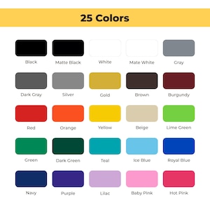 May include: A chart showing 25 different colors, including black, white, gray, red, orange, yellow, green, blue, purple, and pink.