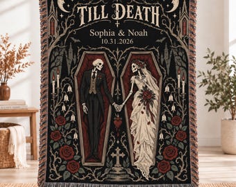 Custom Halloween Throw Blanket, Gothic Skeleton Wedding Halloween Throw Blanket with Personalized Names and Date