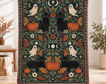 Personalized Halloween Woven Blanket, Custom Cotton Throw, Spooky Autumn Home Decor, Halloween Throw Blanket