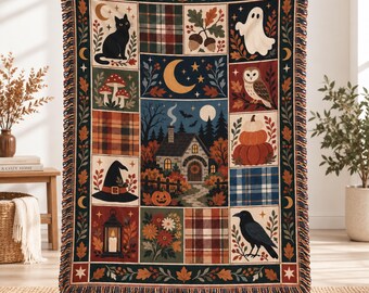 Personalized Halloween Blanket, Custom Woven Cotton Throw, Spooky Fall Home Decor, Autumn Blanket