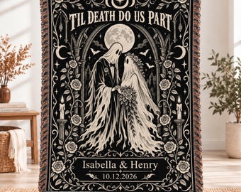 Personalized Halloween Throw Blanket with Custom Names and Date, Ghost Bride and Groom Halloween Throw Blanket