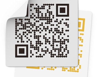 May include: Two white square stickers with QR codes. The top sticker has a black QR code with a corner peeled back. The bottom sticker has a yellow QR code design. The stickers are on a white background.