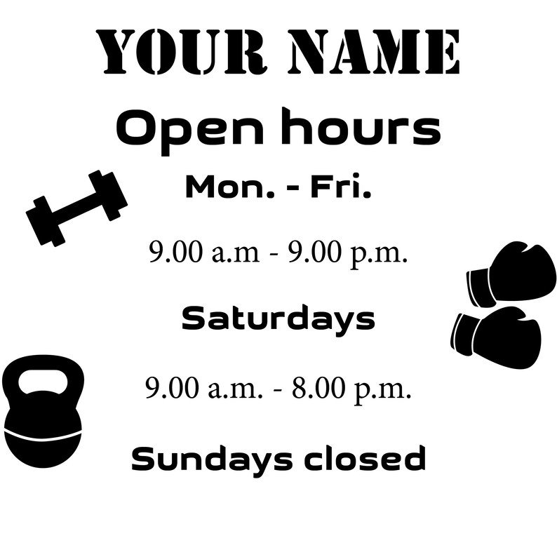 Gym Custom Business Sign With Sport Equipment Picture Gym Hours of