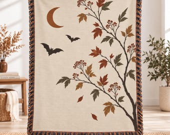 Personalized Woven Halloween Blanket, Custom Cotton Throw, Fall Decor, Spooky Autumn Throw Blanket