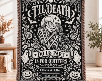Personalized Halloween Throw Blanket with Custom Names and Date, Skeleton Bride and Groom Halloween Blanket