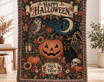 Personalized Halloween Throw Blanket, Custom Woven Cotton Blanket, Spooky Fall Home Decor, Autumn Throw