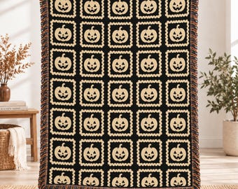 Custom Halloween Blanket, Personalized Woven Cotton Throw, Fall Home Decor, Spooky Autumn Blanket