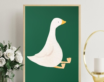 Silly Goose Wall Art, Cute Goose Poster, Dark Green Boy Nursery Decor, Farm Animal Printable, Kid&#39;s Room Illustration, Goose Children&#39;s Room