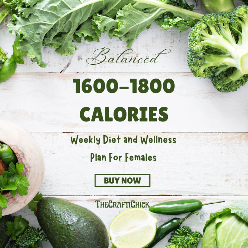 May include: A white wooden background with green vegetables, including broccoli, kale, avocado, lime, and jalapeno peppers. The text "Balanced 1600-1800 CALORIES Weekly Diet and Wellness Plan For Females BUY NOW THECRAFTICHICK" is displayed on the background.