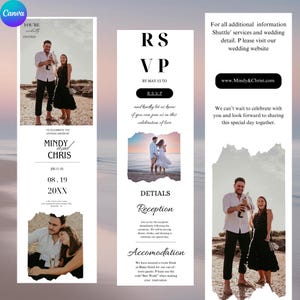 May include: Wedding invitation featuring a couple on a beach, with the text "RSVP by May 15 to" and wedding details. The invitation includes the names Mindy and Chris, and the date 08.19.20XX.