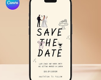 SAVE THE DATE Evite | Digital Wedding Invitation Template | Instant Download | Hand Drawn Email Whatsapp Invite | Cute Party Illustrations