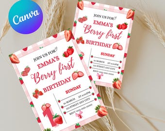 Berry 1st birthday invitation, berry first birthday, strawberry digital invite, Berry Mobile Invite, Birthday Invitation, Canva Editable