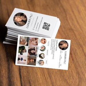 以下が含まれることがあります： 「LUSURY PLC LASHES & NAILS」のテキストと連絡先情報が記載された白い名刺の束。名刺には顔写真とQRコードが掲載されています。2枚目のカードには美容サービスの画像が表示されています。