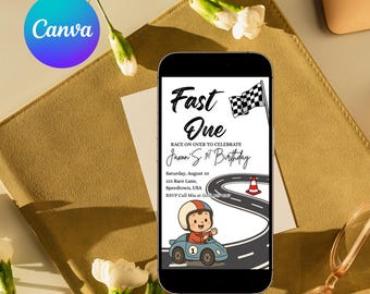 Editable Fast One Race Car 1st Birthday Animated Invitation With Photo Personalables Blue Car First Lap Racing Animated Mobile Invite