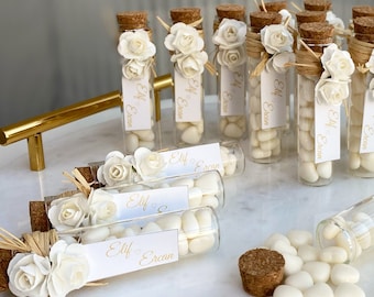Potes de doces de amêndoa personalizados, lembrancinhas rústicas para casamento.