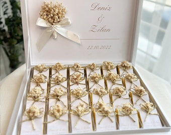 Gold leaf chocolate box with bouquet for wedding, engagement, birthday, baptism or parties, Wedding Gift, Personalized Party Favors,