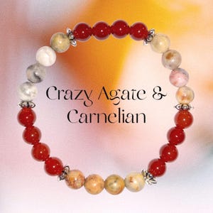 May include: A beaded bracelet featuring round, polished Crazy Agate and Carnelian stones arranged in a circular pattern. The design includes silver-toned metal spacers between the beads. The text "Crazy Agate & Carnelian" is centered in the middle.