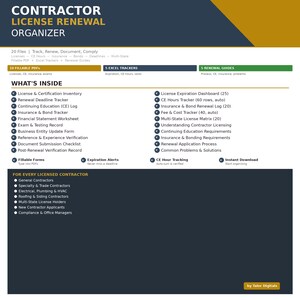 May include: A digital Contractor License Renewal Organizer with a dark blue and gold design. The organizer includes fillable PDFs, Excel trackers, and renewal guides. It helps track licenses, CE hours, insurance, and deadlines. Includes a list of what's inside and is designed for licensed contractors.