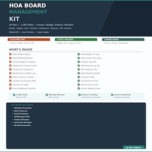 May include: A digital HOA Board Management Kit with 20 files, including fillable PDFs and Excel trackers. The kit covers governance, budget, and maintenance. Includes HOA profile, meeting minutes, budget, and financial guides. Instant download available.